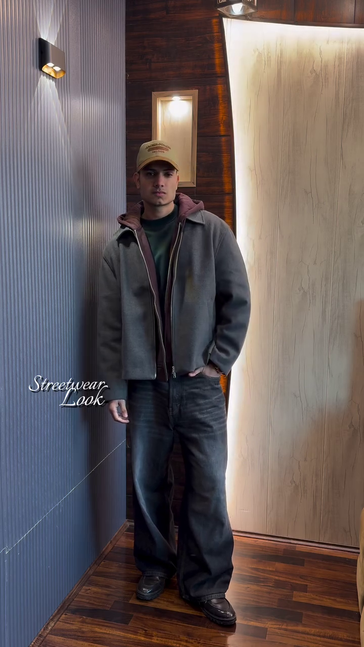 Men’s Charcoal Grey Boxy Fit Zip-Up Jacket